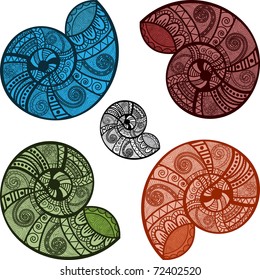 five bright  vector snail shells with ethnic patterns