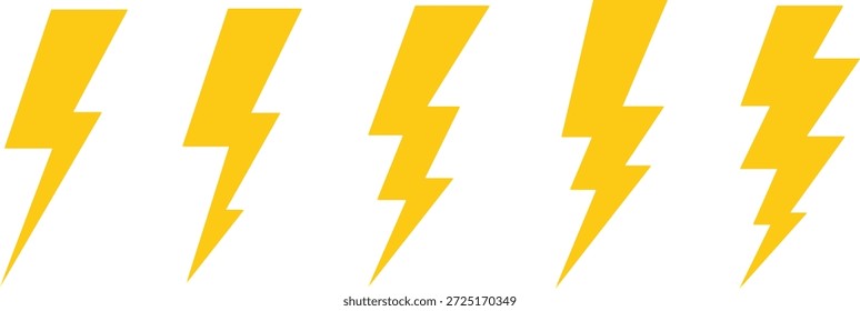 Cinco símbolos de raio amarelo brilhante dispostos horizontalmente em um fundo branco de eletricidade