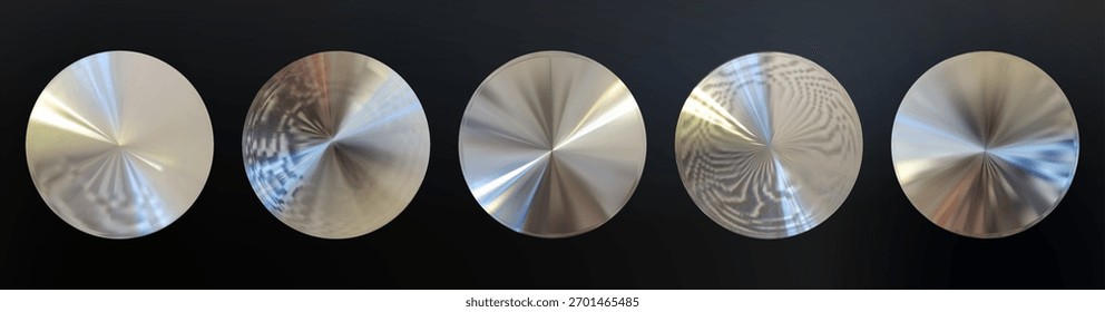 Five Brushed Metal Discs with Radial Texture. Сollection of holographic  silver stickers.