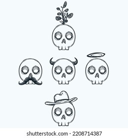 five bundle hand drawing sketch skull heads