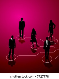 Five business people connected by lines of communication