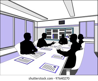 five business people negotiate at the table on the white chairs