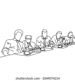 five business people talking to each other in meeting room with gray graph up vector illustration doodle sketch hand drawn with black lines isolated on gray background.Teamwork business concept.