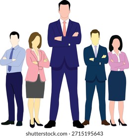 Cinco Profesionales de negocios en trajes posados con brazos cruzados sobre fondo blanco equipo mujeres
