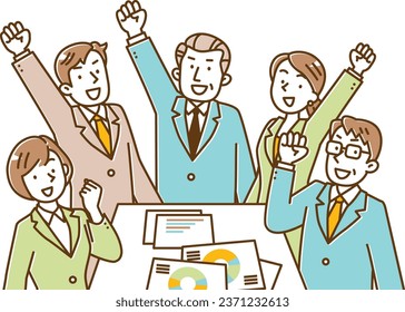Five businessmen doing a guts pose at a meeting