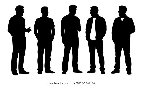 Five businessmen in formal attire standing in a row, engaging in conversation, with a plain background, emphasizing professional attire and body language.