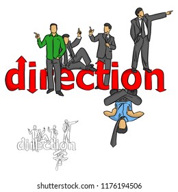 five businessmen pointing on the red word direction vector illustration sketch doodle hand drawn with black lines isolated on white background