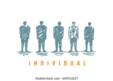 Five businessmen. Vector business concept illustration. Hand drawn sketch. Lettering individual. 