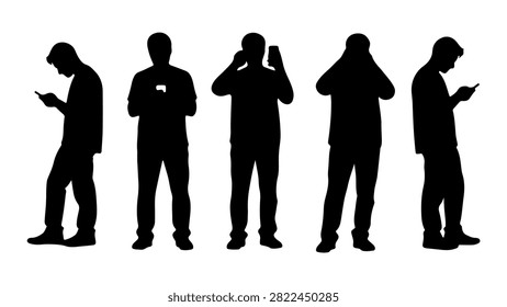 Five businesspeople silhouettes engaged with mobile devices, showcasing technology use in professional environments and communication trends.