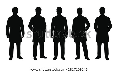 Five businesspeople standing confidently in a row with hands on hips