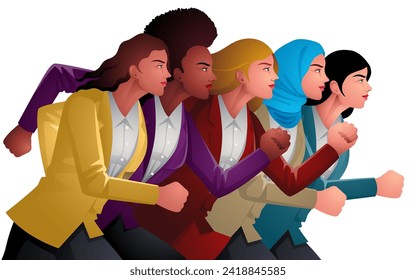 Five businesswomen, representing different ethnicities, united in a shared vision for the future, vector illustration