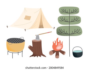 five camping adventure set icons