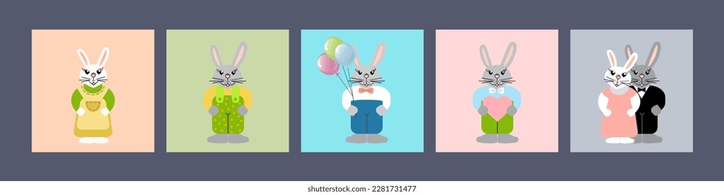 Five cards with funny Rabbits . Flat Vector illustration. Ideal for festive Easter design. Love story concept. Suitable for birthday, Valentine`s day, children's party.