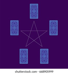 Five cards tarot spread with pentagram. Reverse side. Vector illustration