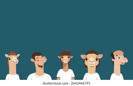 Cinco camelos de desenho animado com corpos humanos vestindo camisetas brancas contra um fundo azul-petróleo, exibindo uma cena caprichosa e humorística.
