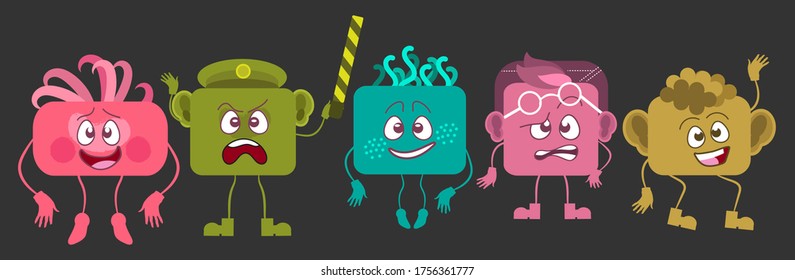 Five cartoon fantasy characters with different emotions. Icons, symbols. Vector set
