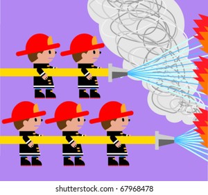 Five cartoon firemen putting out fire.