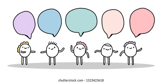 Five cartoon man talking speech bubbles pastel colors hand drawn vector illustration comic