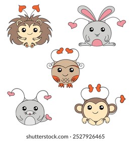 Five cartoon monsters in the form of a hedgehog, hare, owl, seal, monkey with hearts on their horns. Cute multi-coloured aliens. 