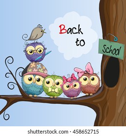 Five cartoon owls and a bird on the branch - Shutterstock ID 458652715