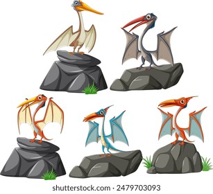 Five cartoon pterodactyls perched on rocks