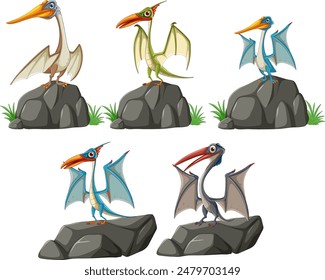 Five cartoon pterodactyls standing on rocks