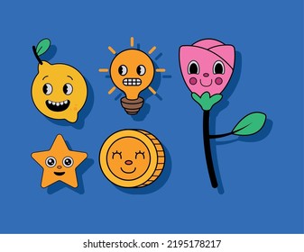 cinco iconos retro de dibujos animados
