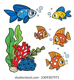 Cinco dibujos animados de peces marinos variación de color para página de color aislada en fondo blanco