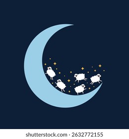 Five cartoon sheep leap over a light blue crescent moon, with stars in a dark blue sky.