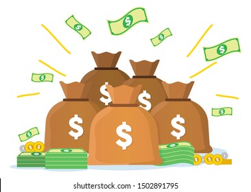 Five cartoon vector illustration of bags with money with dollar banknotes flying around. Treasure sacks of gold in brown colors. Icon flat design.