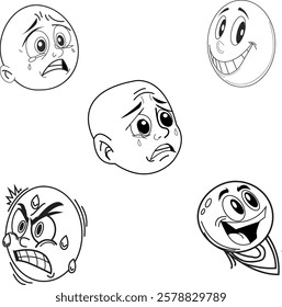  five cartoon-style emotive faces expressing different emotions. The designs include a crying face with a worried expression, a cheerful smiling face, an angry face with clenched teeth, crying face 