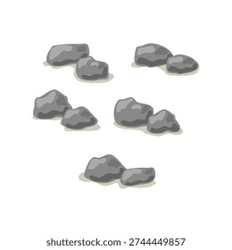 Five cartoon-style gray rock clusters with shading and subtle shadows. Natural elements ideal for geology, education, or design assets. Clean white background enhances usability and clarity.