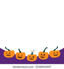 Five carved pumpkins with playful faces line the bottom of a white and purple background, creating a festive Halloween border.