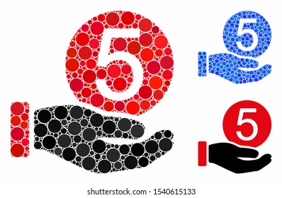 Five cents payment mosaic of round dots in different sizes and color hues, based on five cents payment icon. Vector round dots are grouped into blue composition.