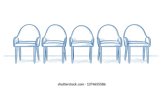 Five chairs in a row in an empty waiting room. Hand drawn line art cartoon vector illustration.