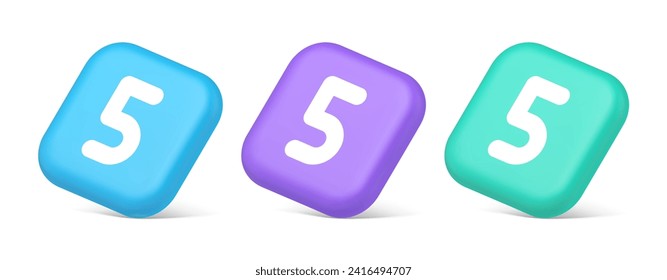 Calculadora de cinco caracteres botón azul del teclado conteo financiero 3d iconos reales morado y verde azul. Comprobación financiera de diseño de aplicaciones web de cálculo de contabilidad por número quinto