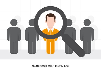 five characters with a magnifying glass looking at the orange character of the businessman