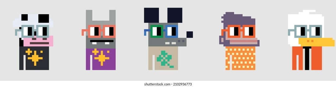 five characters pixel art characters animals cow hare mouse monkey duck pixelart person animal vector set