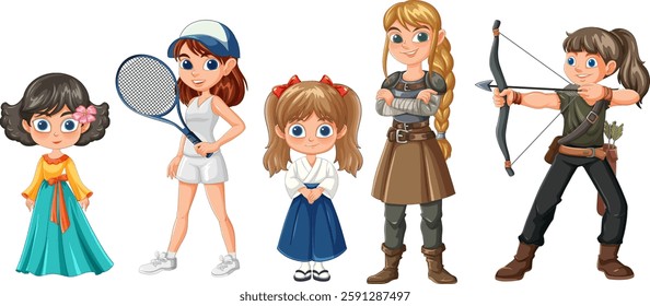 Five characters showcasing different styles and activities