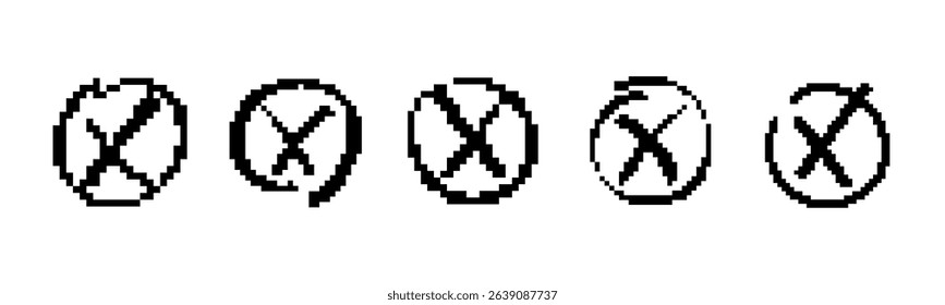 Five checkmark icons are inside circles shown in a pixel mosaic style, black with a retro look.