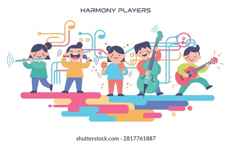 Five cheerful cartoon kids perform in a children band called Harmony Players with winding colorful lines behind them.