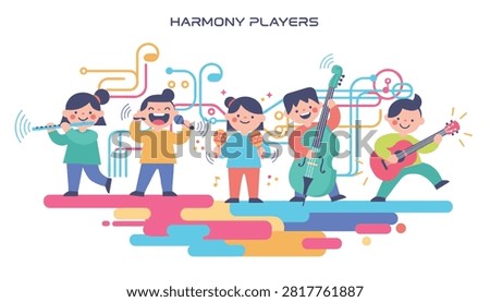 Five cheerful cartoon kids perform in a children band called Harmony Players with winding colorful lines behind them.