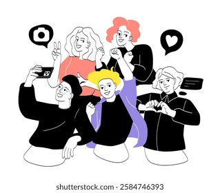 Five cheerful friends posing for a selfie with social media icons, drawn in a modern flat style on a white background, representing social connection