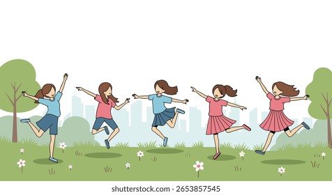 Five cheerful girls joyfully dancing together in a vibrant green park surrounded by trees and a cityscape in the background