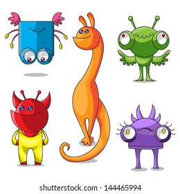 Five cheerful multi - colored monsters have different emotions 