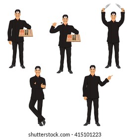 Five cheerful sushi chefs in different poses. Isolated on white background. Vector illustration.