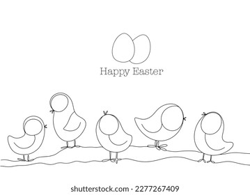 Five chickens in one line. Festive one line illustration. One line drawing on Easter theme. Congratulatory inscription. For different uses. Vector illustration