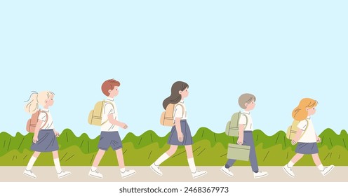 Five children are going on the nature dressed in school uniform