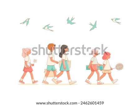 Five children are going to picnic, cartoon style