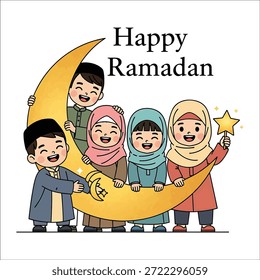 Cinco niños sosteniendo una Grande luna creciente y estrella con el texto Happy Ramadan sobre ellos